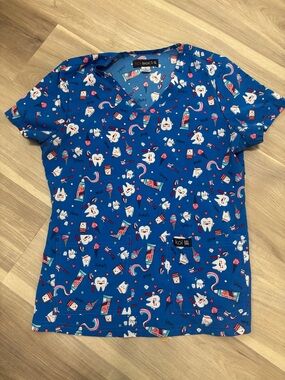 koi Basics Royal Blue Dental Print V-neck Scrub Top